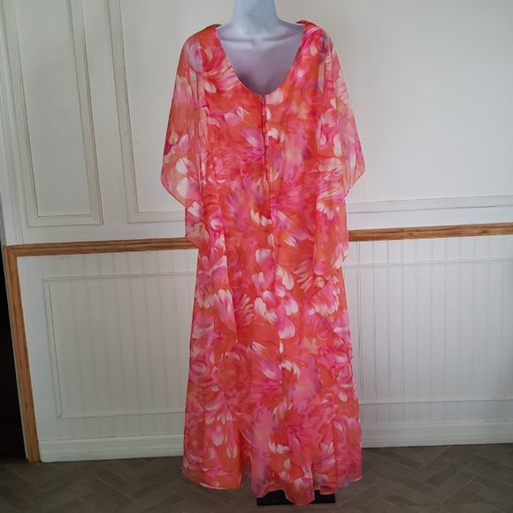 SOLD Vtg 60s Maxi Dress Women's Size 12 Watercolor Floral Pink Orange Capelet - Picture 4 of 13